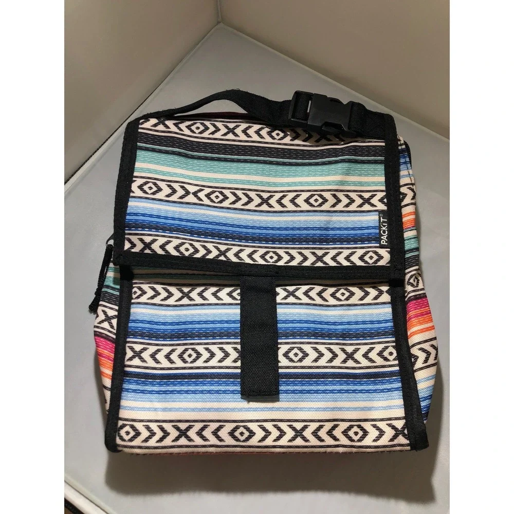 PackIt Freezable Lunch Bag Southwest Serape Pattern Built-in Cooling Gel Blue